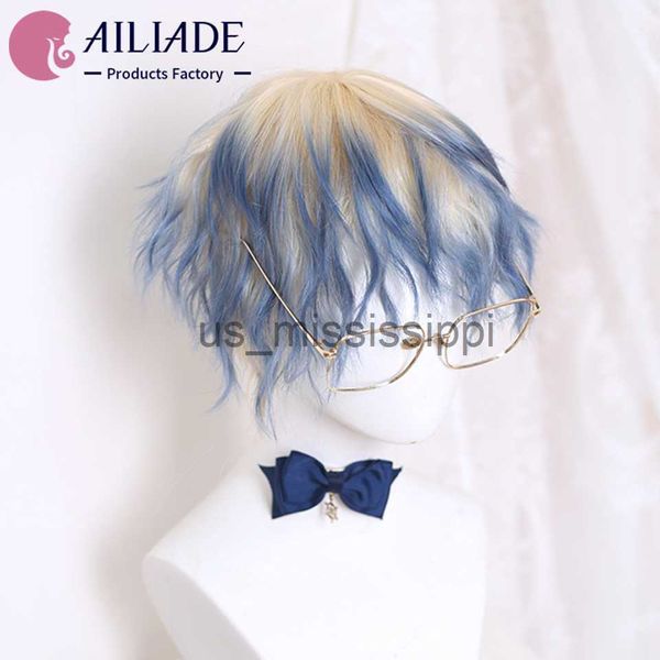 Perruques de cosplay Ailiade synthétique courte perruques bouclées pour hommes garçons blond bleu vert foncé cheveux résistant à la chaleur fête quotidienne anime cosplay perruque x0901