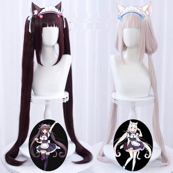 Pelucas de cosplay Anime 100 cm NEKOPARA Chocolat Chocola Colas de caballo largas Marrón Vainilla Kawaii Rosa Peluca de cosplay resistente al calor 230904