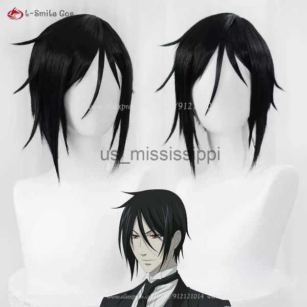 Perruques de cosplay Anime Black Butler Cosplay Sebastian Michaelis Perruque de cosplay 35 cm Perruque noire résistante à la chaleur Cheveux synthétiques Perruques de jeu de rôle Perruque Cap x0901