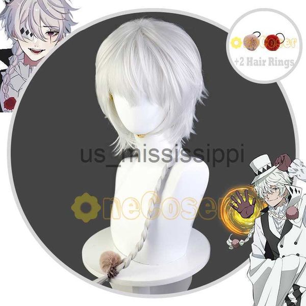 Perruques de cosplay Anime Bungo Stray Dogs Saison 4 Nikolai Gogol Cosplay Blanc Gris Cheveux tressés avec 2 anneaux de cheveux Capuchon de perruque de cheveux en fibre résistant à la chaleur x0901