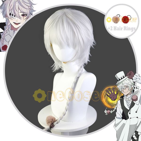 Pelucas de cosplay Anime Bungo Stray Dogs Temporada 4 Nikolai Gogol Cosplay Cabello trenzado gris blanco con 2 anillos para el cabello Fibra resistente al calor Peluca de pelo Cap 230908