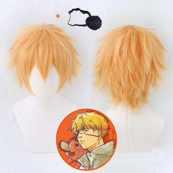 Perruques Cosplay Anime tronçonneuse homme Denji Cosplay perruque dorée courte perruque yeux Patch résistant à la chaleur fibre cheveux gratuit perruque casquette partie jeu de rôle hommes 230908