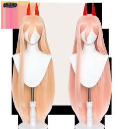 Perruques de cosplay Anime Chainsaw Man Makima Power Cosplay Perruque Longue Orange Rose Résistant À La Chaleur Synthétique Cheveux Partie Rôle Jouer Perruques WigCap Cornes 230908