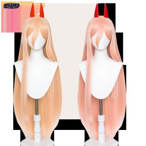 Pelucas de cosplay Anime Motosierra Hombre Makima Power Cosplay Peluca Larga Naranja Rosa Resistente al calor Pelo sintético Fiesta Juego de rol Pelucas WigCap Cuernos 230808