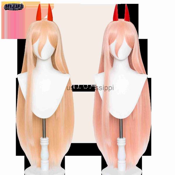 Perruques de cosplay Anime Chainsaw Man Makima Power Cosplay Perruque Longue Orange Rose Résistant À La Chaleur Synthétique Cheveux Partie Rôle Jouer Perruques WigCap Horns x0901