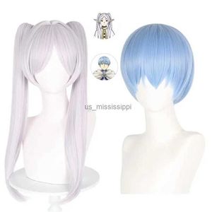 Perruques de cosplay Personnage d'anime Frieren Cosplay perruque 65CM argent blanc longue perruque + oreilles + boucles d'oreilles Frieren à l'enterrement bleu postiche accessoire L231212