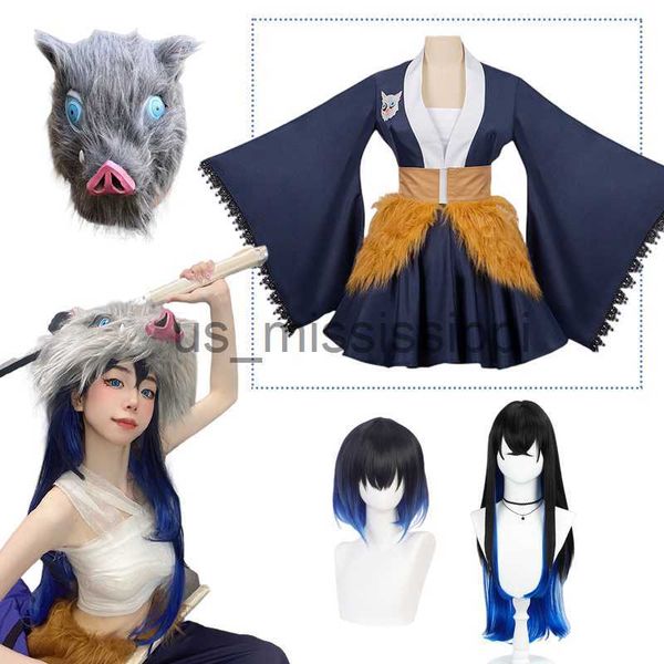 Perruques de cosplay Anime Demon Slayer Hashibira Inosuke Cosplay Costume Filles Robe Longue Perruque Maid Outfit Kimetsu No Yaiba Conversion Sexuelle Serviteur x0901