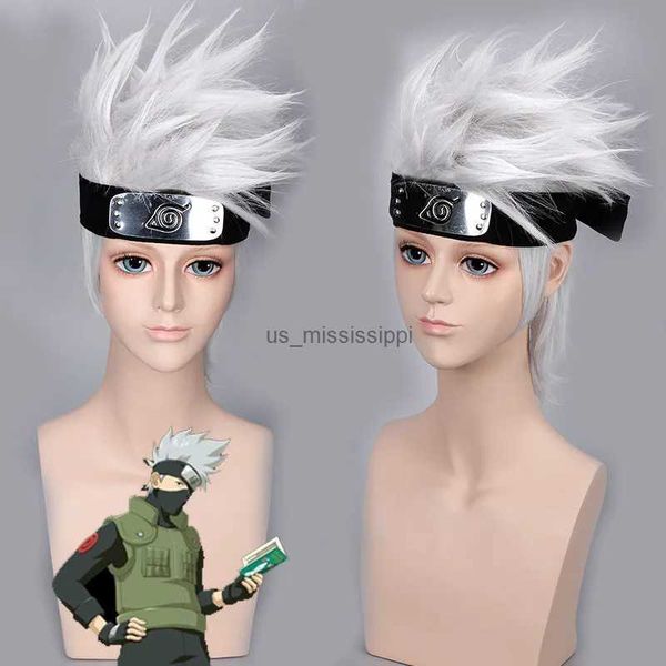 Pelucas de cosplay Anime Hatake Kakashi Pelucas de cosplay Fiesta de Halloween Juego de escenario Traje de cabeza de pelo corto blanco plateado Cos WigL240124