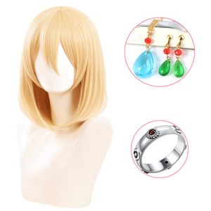 Perruques de cosplay Anime Howl's Moving Castle Wizard Howl Cosplay Perruque de cheveux courts blonds jaunes Bague de cosplay Boucle d'oreille Collier de perruque un bonnet de perruque 230908