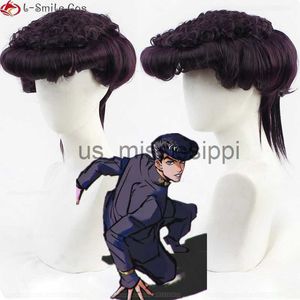 Cosplay Wigs Anime JOJO Bizarre Adventure Higashikata Josuke Cosplay Perruque Courte Violet Foncé Résistant À La Chaleur Synthétique Perruques De Fête Perruque Cap x0901