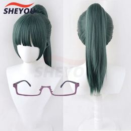 Pelucas de cosplay Anime Jujutsu Kaisen Cosplay Maki Zenin Pelucas Cola de caballo verde oscuro Pelo sintético resistente al calor Peluca de cosplay Peluca Gorra Gafas 230908