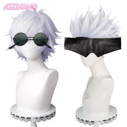 Perruques de cosplay Anime Jujutsu Kaisen Gojo Satoru Cosplay perruque argent court moelleux couches résistant à la chaleur perruques de cheveux synthétiques lunettes de cache-œil 230904