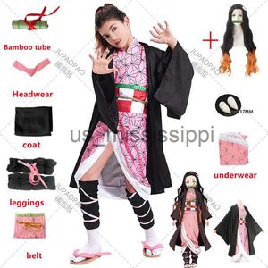 Cosplay Pruiken Anime Kamado Nezuko Cosplay Kostuum Demon Slayer Cosplay Uniform Kleding Kimono Pruik Rekwisieten Set Halloween Kostuum voor Volwassen x0901