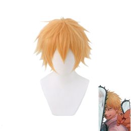 Cosplay Pruiken Kettingzaag Man Denji Pruik Cosplay Kostuum Gouden Korte Hittebestendige Synthetisch Haar Halloween 230906