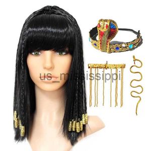 Cosplaypruiken Cleopatra Cosplaypruik Egypte Koningin Zwart haar Gouden kralen Decoratie Dans Halloweenfeest Rollenspel Cosplaypruiken Pruikkapje x0901