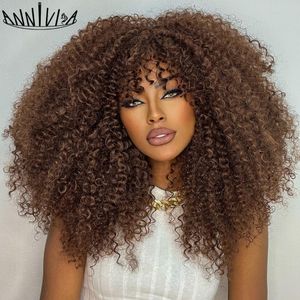 Perruques Cosplay Perruques Afro bouclées pour femmes noires perruques courtes crépues bouclées avec frange 16 pouces cheveux Afro bruns fibre synthétique sans colle cheveux Cosplay 230922