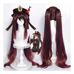 Pelucas de cosplay Juego de envío directo Genshin Impact Hutao Peluca de juego de rol Hu Tao Peluca de pelo sintético resistente al calor Peluca de anime de Halloween + gorro de peluca 231116