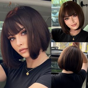 Cosplay Perücken EASIHAIR Braun Schwarz Kurze Gerade Synthetische Perücken mit Pony Frauen Bob Haar Perücken für Tägliches Cosplay Natürliche hitzebeständige Faser 230828