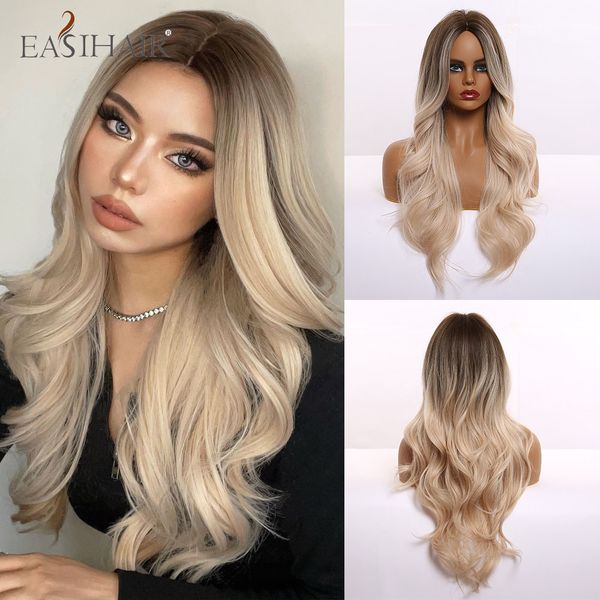 Perruques Cosplay EASIHAIR Ombre Brun Blond Clair Platine Longue Ondulée Partie Moyenne Perruque De Cheveux Cosplay Naturel Résistant À La Chaleur Synthétique Perruque pour Femmes 230413