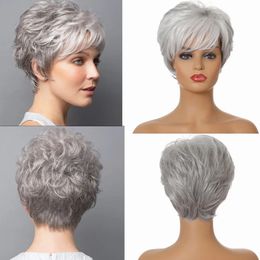 Perruques de Cosplay perruques de mode femmes cheveux synthétiques courts bouclés gris blanc couleur mixte Oblique Bang couvre-tête 231211