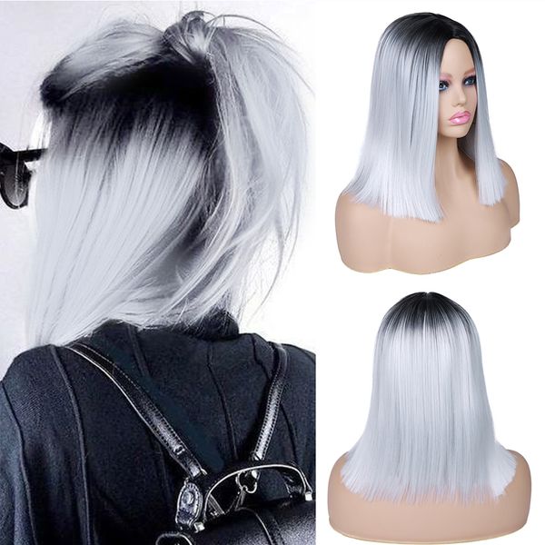 Cosplay Perruques Fave Ombre Droite Bob Noir Gris Perruque Synthétique Épaule Longueur Partie Moyenne Résistant À La Chaleur Fibre Partie Cheveux Pour Les Femmes 230617