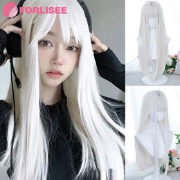 Perruques de cosplay FORLISEE perruque blanche cheveux longs pour femmes couverture complète de la tête Lolita japonaise Cos Air Bang couverture de perruque de cheveux longs et raides 231211