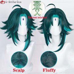 Cosplaypruiken Game Genshin Impact Cosplay Xiao Pruik 40 cm Kort Groen haar Met Stickers Ring Hittebestendige Synthetische Partypruiken Pruikkapje 230904