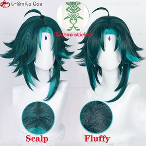 Perruques de cosplay Jeu Genshin Impact Cosplay Xiao Perruque 40 cm Cheveux verts courts avec autocollants Anneau Résistant à la chaleur Synthétique Perruques de fête Bonnet de perruque 230824