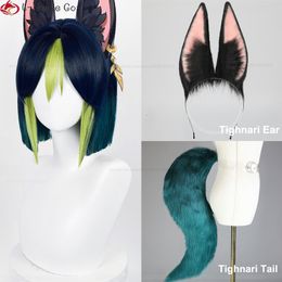 Cosplaypruiken Game Genshin Impact Sumeru Tighnari Cosplaypruik Tighnari 30 cm Kort Hittebestendig Synthetisch haar Halloween Party Pruiken Pruikkapje 230904