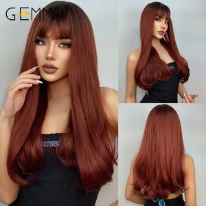 Perruques Cosplay GEMMA Longue Vague Ombre Marron Vin Rouge Perruques Ondulées pour Femmes Perruque Synthétique avec Frange Quotidien Partie Fibre Résistante à la Chaleur Cosplay Cheveux 230621