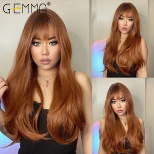 Perruques Cosplay GEMMA Rouge Brun Cuivre Gingembre Perruques Synthétiques Longues Lignes Droites pour Femmes Perruques Vague Naturelle avec Frange Cheveux Cosplay Résistant À La Chaleur 230621