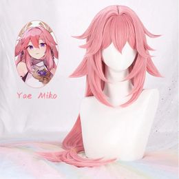 Pelucas de cosplay Genshin Impact Yae Miko Peluca de juego de rol Simulación de Halloween Cuero cabelludo Rosa Peluca sintética larga resistente al calor Gorro de peluca gratis 231116