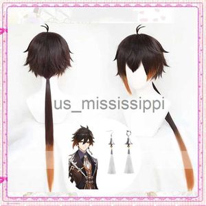 Cosplay Pruiken Genshin Impact Zhongli Cosplay 90 cm Lang Bruin Oranje Pruik Anime Cosplay Oorbel Hittebestendige Synthetische Pruik Haar Halloween Pruiken x0901