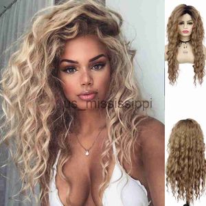 Cosplay Wigs GNIMEGIL Synthétique Longues Perruques Ondulées Pour Femmes Miel Blonde Perruque Vague D'eau Perruques Cosplay Perruques Ombre Curl Cheveux Racines Foncées Perruque Naturelle x0901