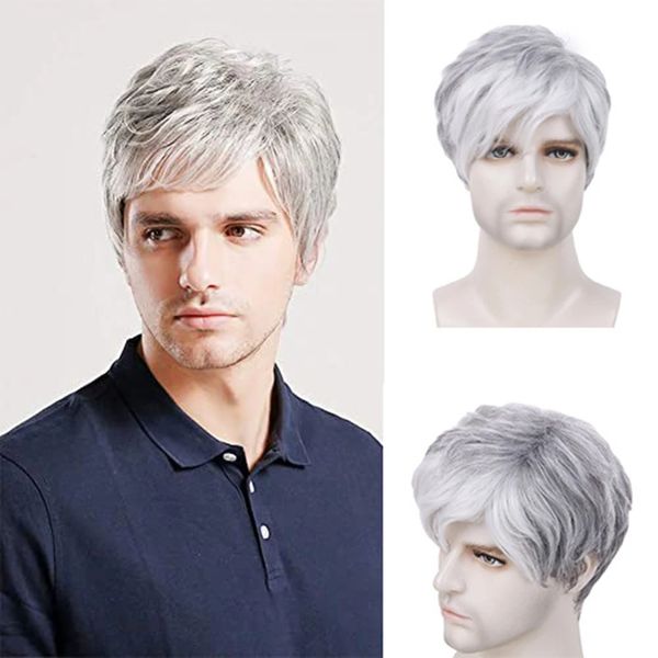 Cosplay Perruques Gres Hommes Blanc Gris Ombre Perruques Style De Mode Respirant Homme Cheveux Synthétiques Naturel Court Perruque Haute Température Fiber 231011