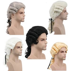 Perruques de cosplay gris blanc noir avocat juge baroque bouclés perruques de costume masculin de luxe historique Halloween longue perruque de cosplay synthétique bonnet de perruque 230824