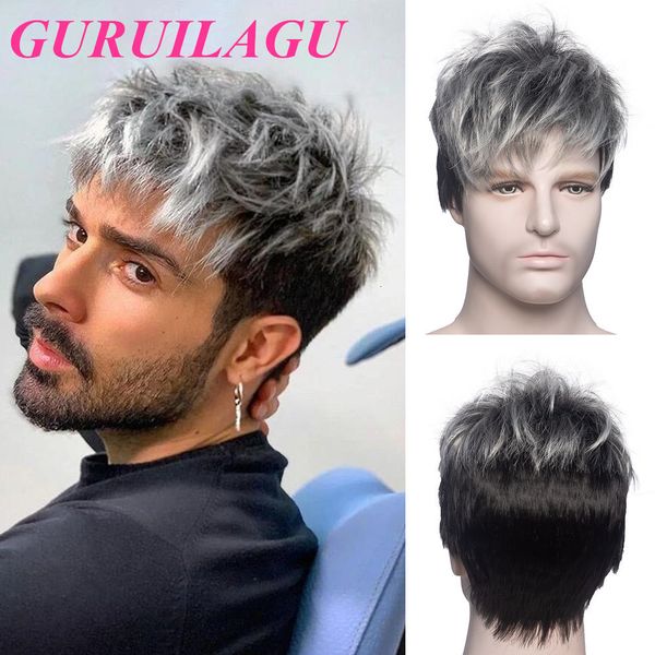 Perruques Cosplay GURUILAGU Court pour Homme Perruque Quotidienne Cheveux Raides Synthétiques Homme Gris Noir Coupe Lutin Avec Frange 230617