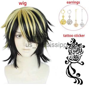 Cosplaypruiken Hanemiya Kazutora Cosplaypruik Tokyo Revengers Tokio Manji Gang Zwart Gouden Haar Met Oorbel Met Tattoo Sticker een pruikkap x0901