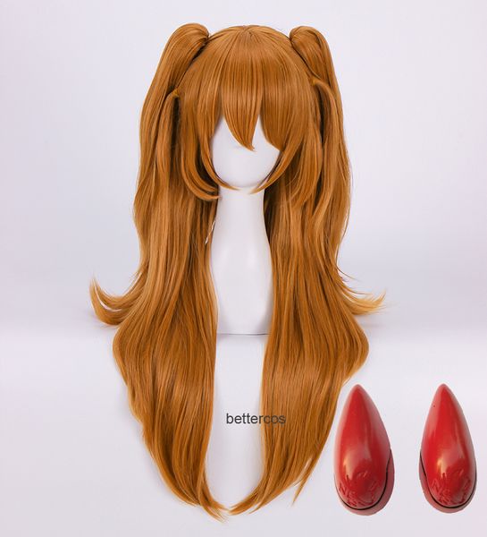 Pelucas de cosplay EVA Asuka Langley Soryu de alta calidad Pelucas de cosplay Naranja larga con 2 clips de cola de caballo Peluca de pelo sintético resistente al calor Gorro de peluca 230904