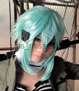 Cosplaypruiken Hoge kwaliteit Sword Art Online Sword Sinon Asada Shino Cosplaypruik Groen Blauw Hittebestendig Synthetisch haar Pruiken Pruikkapje x0901