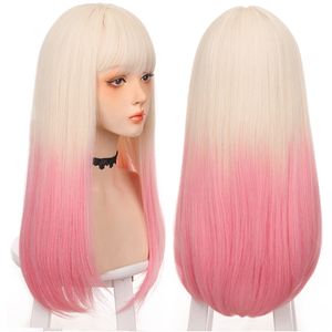 Perruques Cosplay HOUYAN Perruque synthétique cheveux longs raides fille rose blanc dégradé frange cosplay Lolita parti perruques résistantes à la chaleur 230417