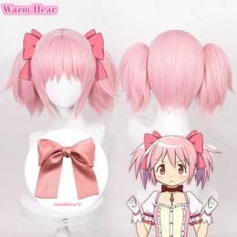 Cosplaypruiken Kaname Madoka Pruik Anime Puella Magi Madoka Magica Cosplaypruik Roze Kort 30 cm Dubbele paardenstaart Pruik Hittebestendig haar Halloween 230904