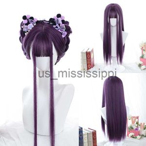 Pelucas de cosplay LANLAN Peluca larga recta púrpura con flequillo Pelucas de pelo sintético Bang con peluca para mujeres Lolita Anime Cosplay Pelucas resistentes al calor x0901