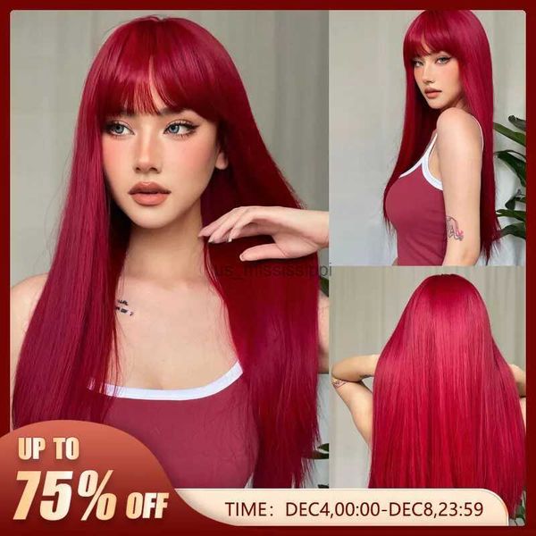 Pelucas de cosplay Pelucas sintéticas de color rojo vino claro con flequillo para mujeres Peluca de pelo largo y recto Fiesta de cosplay natural Resistente al calor L240124