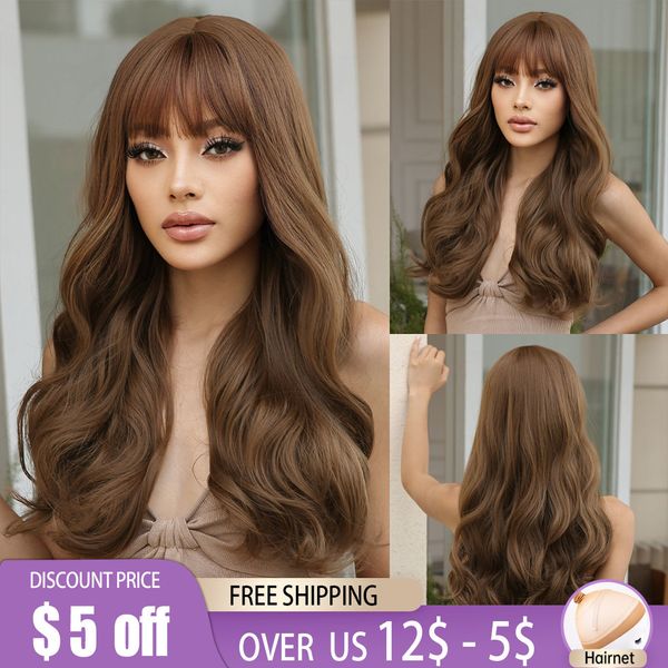 Perruques Cosplay Longues Perruques Synthétiques Marron Naturel avec Frange Marron Châtain Eau Ondulée Faux Cheveux Perruque pour Femmes Afro Quotidien Cosplay Résistant À La Chaleur 230727