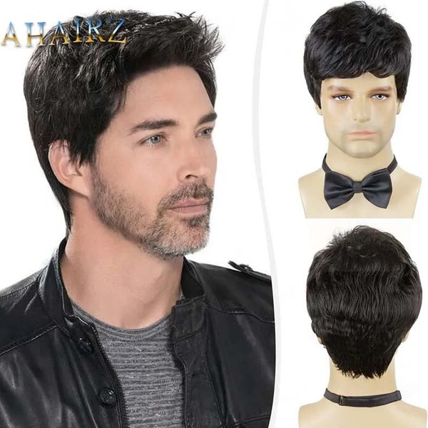 Perruques de cosplay Perruque brune courte pour hommes Cheveux synthétiques Lisse Naturel Coupe de lutin Toupet Bouclés Perruques résistantes à la chaleur pour hommes Hommes Noir 231011