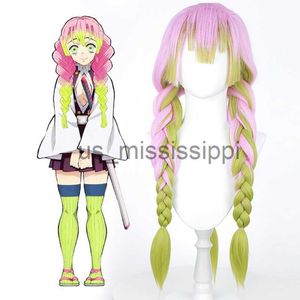 Cosplay Pruiken Mitsuri Canons Demon Slayer Kimetsu geen Yaiba Lange Roze Groen Hittebestendige Haar Authentieke Kostuum Pruik x0901