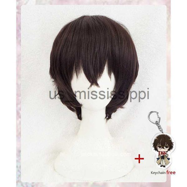 Cosplay Perruques Nouvelle Arrivée Anime Bungo Stray Dogs Dazai Osamu Court Brun Cheveux Bouclés Résistant À La Chaleur Cosplay Costume Perruque Porte-clés Cap x0901