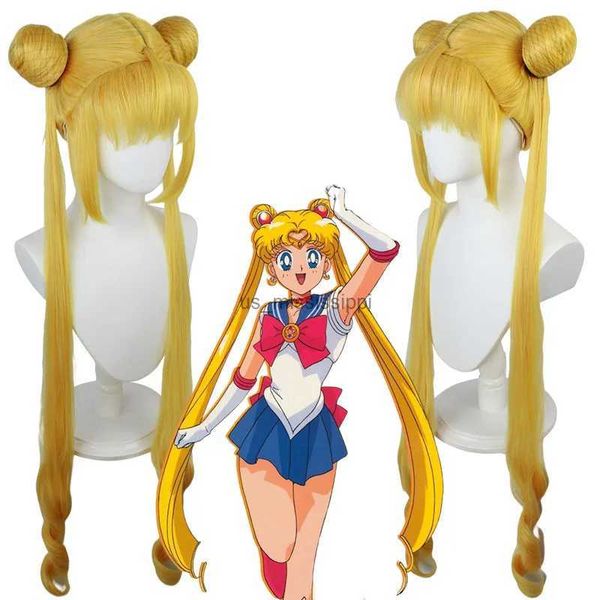Perruques Cosplay Nouveau Sailor Moon Tsukino Usagi Longue Bouclée Blonde Double Queue De Cheval Synthétique Cosplay Perruque Pour Costume De Fille Perruque + Perruque CapL240124
