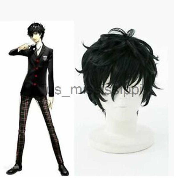 Pelucas de cosplay P5 Persona 5 Kurusu Akira Joker Cosplay Peluca Antiarrugas Pelo rizado Cosplay Hairwig cap Fiesta de Halloween Disfraces de cosplay x0901